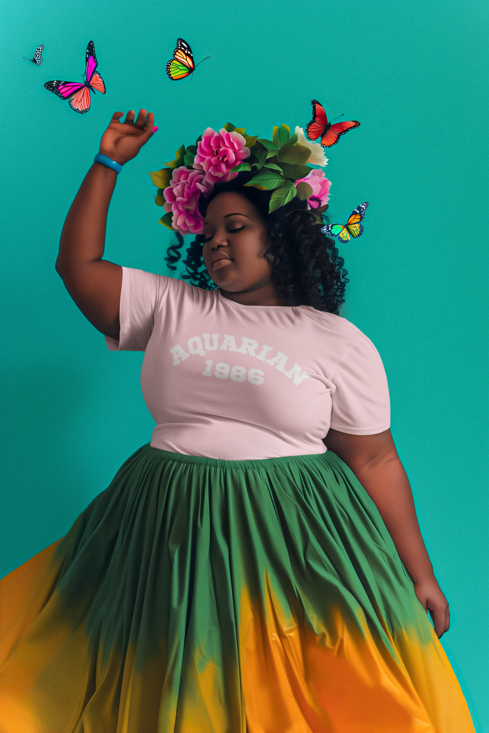 ai-created-t-shirt-mockup-of-a-woman-with-flowers-and-butterflied-on-her-head-m40574