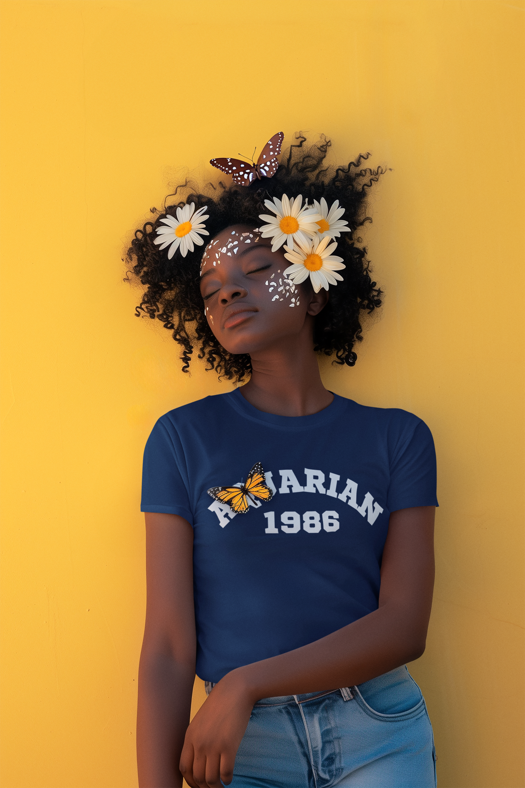 ai-created-tee-mockup-of-a-woman-with-curly-hair-and-flowers-on-her-head-m40579