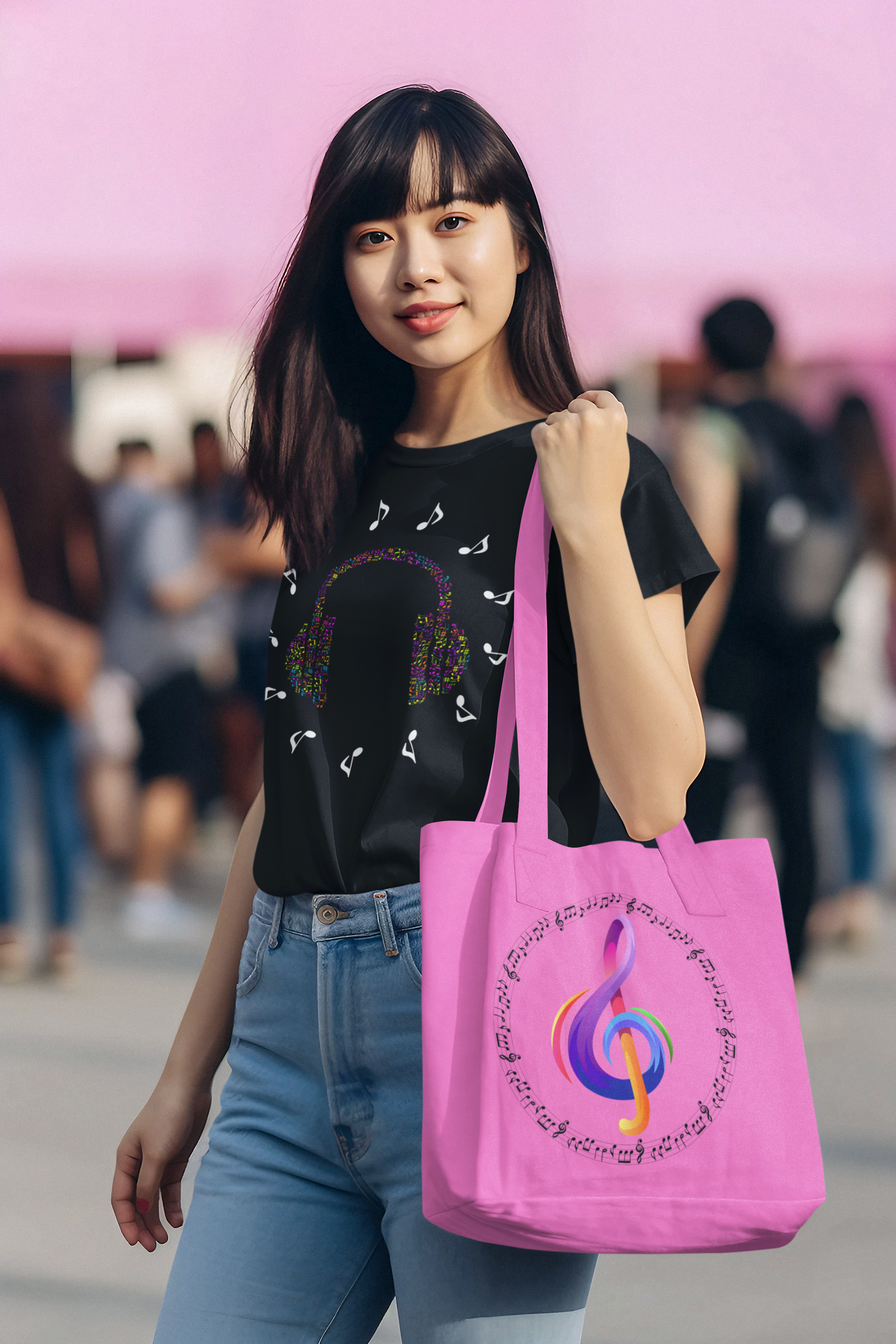t-shirt-mockup-of-an-ai-generated-woman-carrying-a-tote-bag-in-a-music-festival-m35808